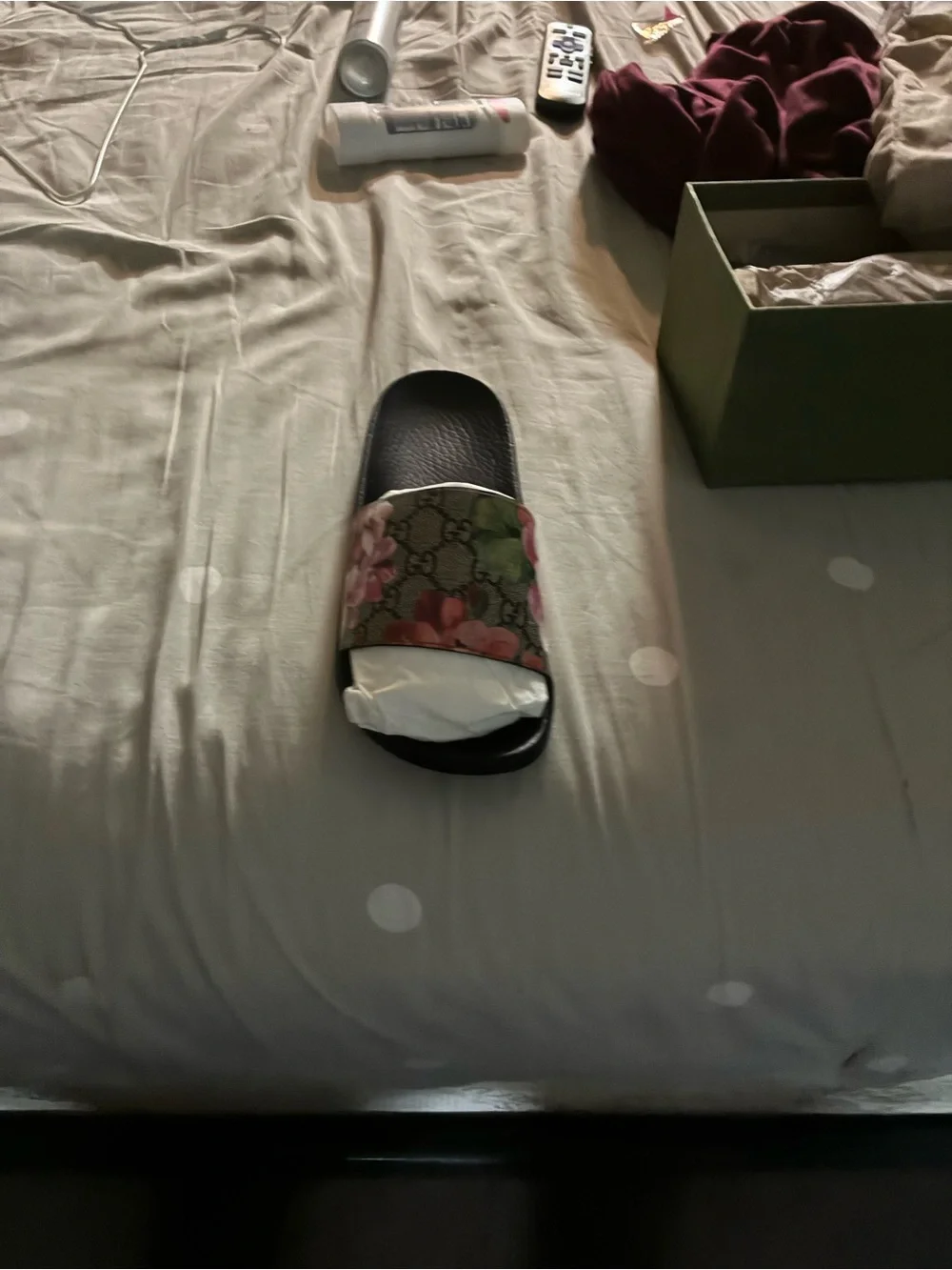 Gucci Brown Monogram Floral Slide with Pink and Green Accents